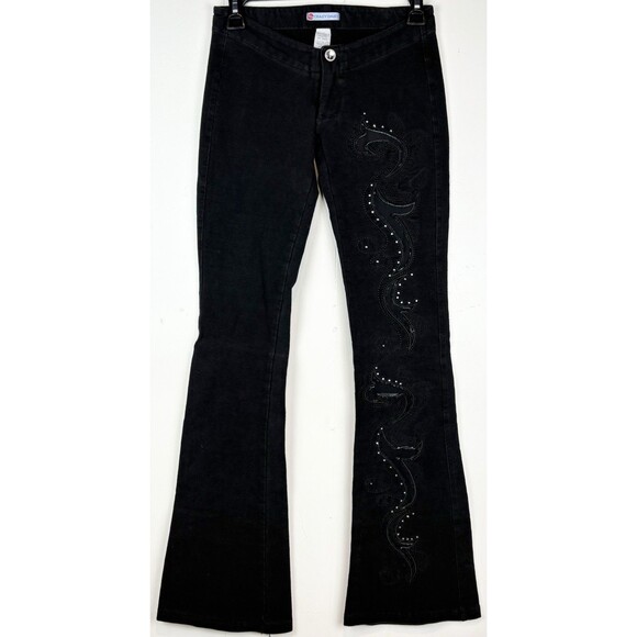 Y2K Ultra Low Rise Black Embroidered Flare Jeans, Small - Picture 1 of 11